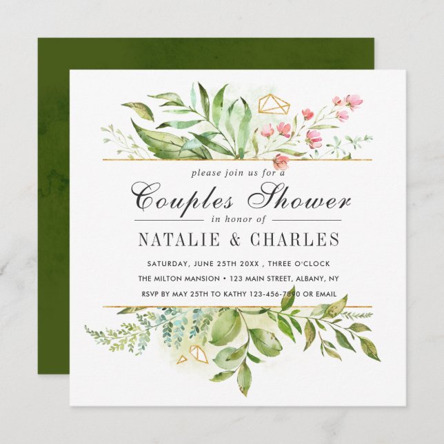 Wild Floral Green Foliage Wedding Couples Shower Invitation (Front/Back)