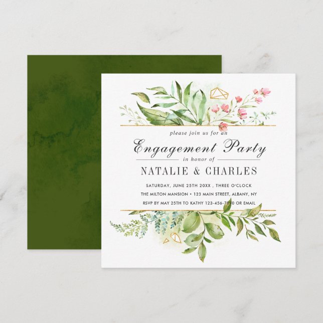 Wild Floral Green Foliage Wedding Engagement Party Invitation (Front/Back)
