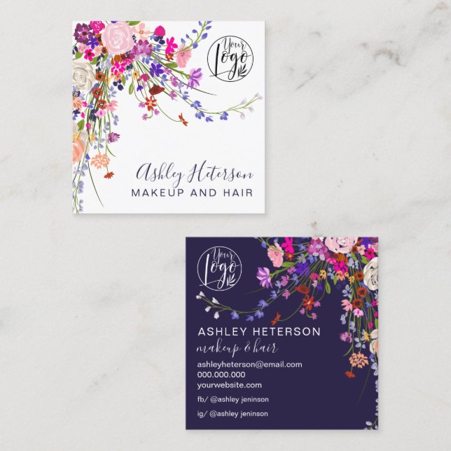 Wild floral pink blue orange logo hair makeup  square business card (Front/Back)