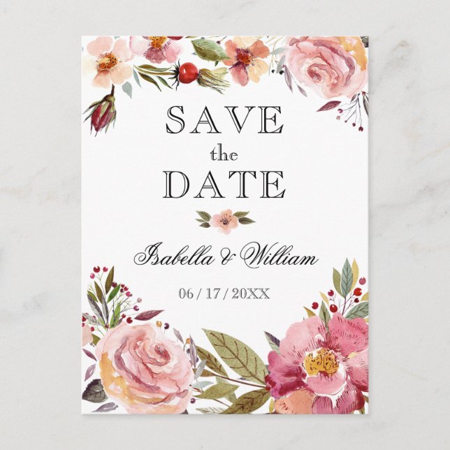 Wild Floral Summer Boho Save the Date Wedding Announcement Postcard (Front)