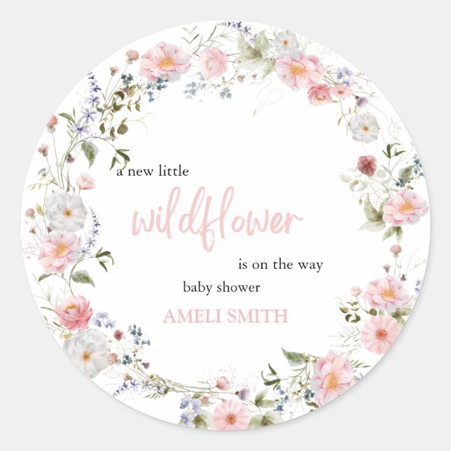 Wild Floral Wreath Babyshower Classic Round Sticker (Front)