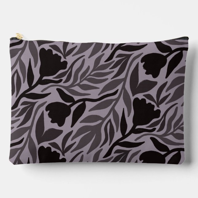 Wild Flower Cascade Black & Dark Lavender Accessory Pouch (Front)