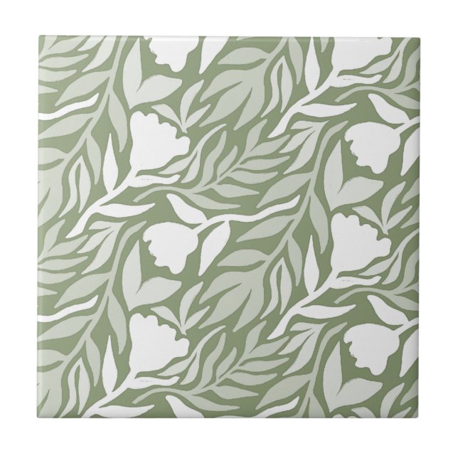 Wild Flower Cascade White & Moss Green Tile (Front)