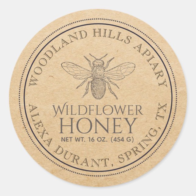 Wild Flower Editable Kraft Honey Jar Bee Label (Front)