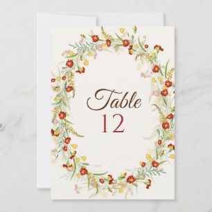 Wild Flower Marigold Foliage Wedding Table Number