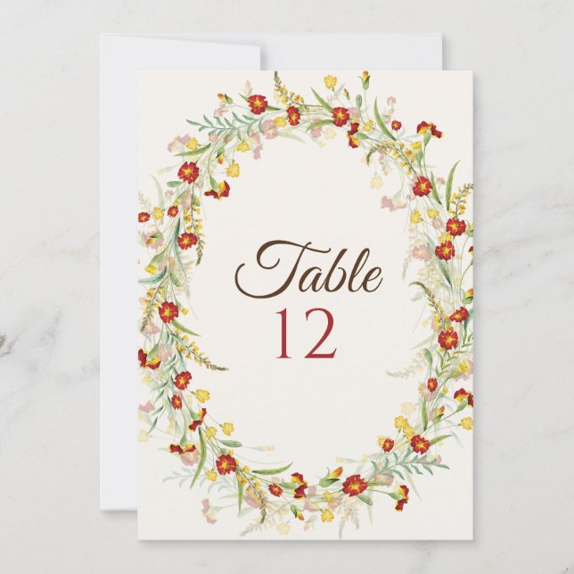 Wild Flower Marigold Foliage Wedding Table Number (Front)