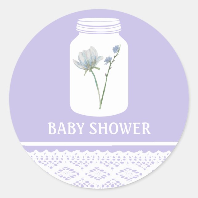 Wild Flower Mason Jar and Lace Baby Shower Classic Round Sticker (Front)