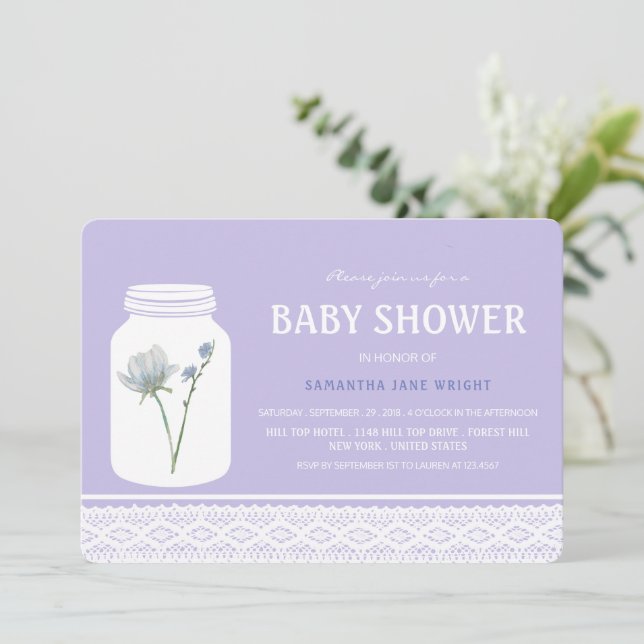 Wild Flower Mason Jar and Lace Baby Shower Invitation (Standing Front)
