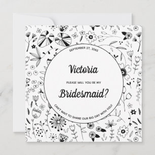 Wild Flower Monochrome Modern Be My Bridesmaid Invitation