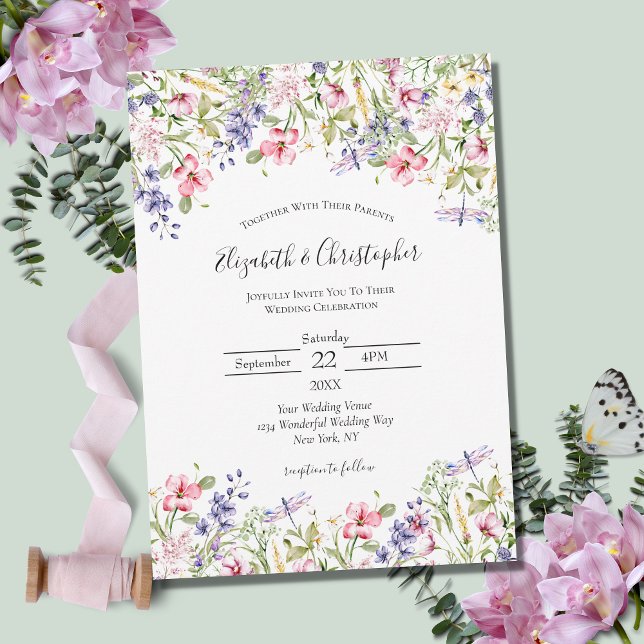 Wild flower Pink Yellow Purple Boho Modern Wedding Invitation (Creator Uploaded)