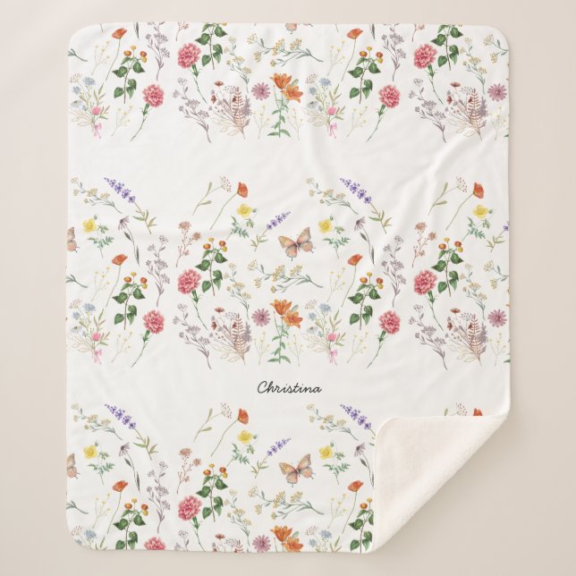 Wild Flower Pressed Floral Add Text Sherpa Blanket (Front)