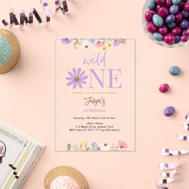 Wild flower purple 1st Birthday   Acrylic Invitations (Insitu (Celebration))