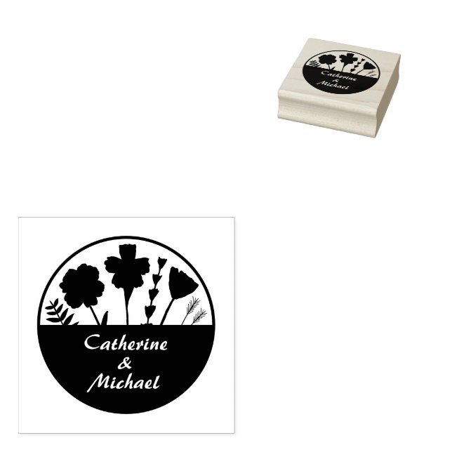 Wild Flower Round Wedding Monogram Name Initials Rubber Stamp (Stamped)
