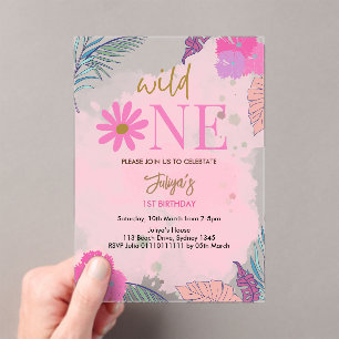 Wild flower tropical leaf baby girl 1st Birthday   Acrylic Invitations