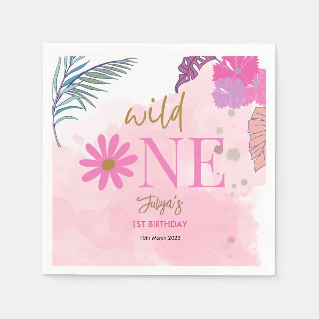 wild flower tropical leaf baby girl 1st Birthday   Napkin (Front)