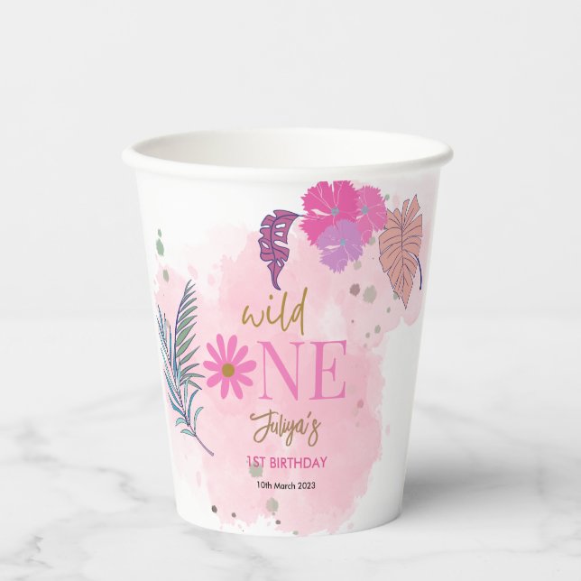Wild flower tropical leaf baby girl 1st Birthday   Paper Cups (Front)