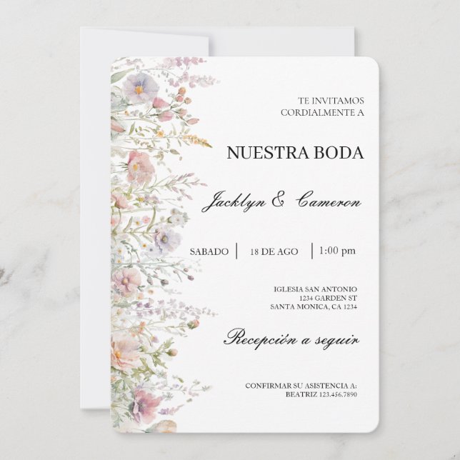 Wild flower water colour Spanish Wedding Invitatio Invitation (Front)