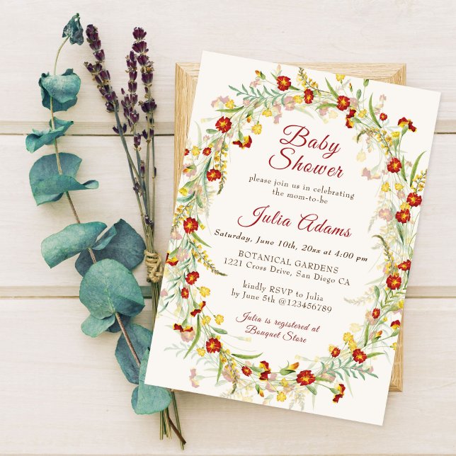 Wild Flower Yellow Marigold Foliage Baby Shower Invitation (Creator Uploaded)