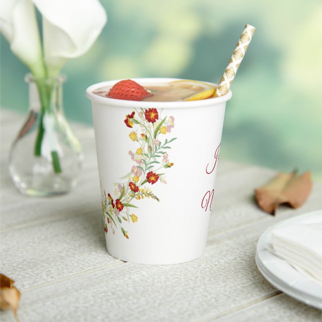 Wild Flower Yellow Marigold Foliage Wedding Paper Cups (Insitu)