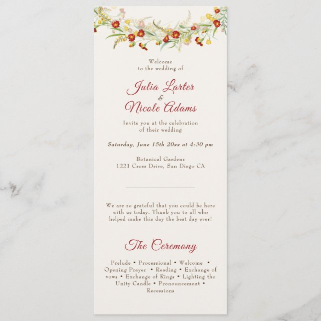 Wild Flower Yellow Marigold Foliage Wedding Programme (Front)