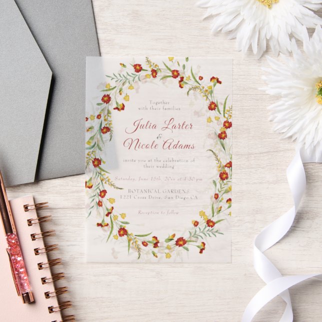 Wild Flower Yellow Marigold Foliage Wedding Vellum Invitations (Wedding)