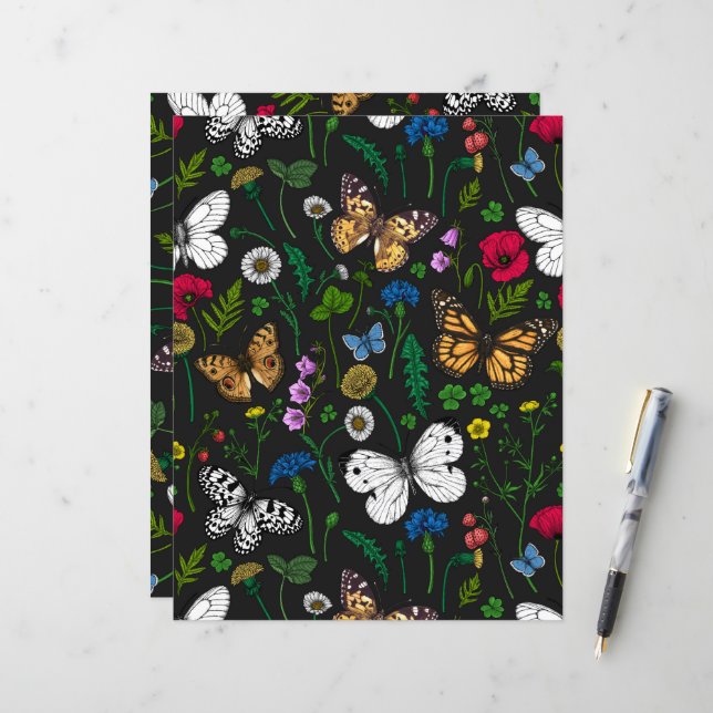 Wild flowers and butterflies on black (Front/Back In Situ)