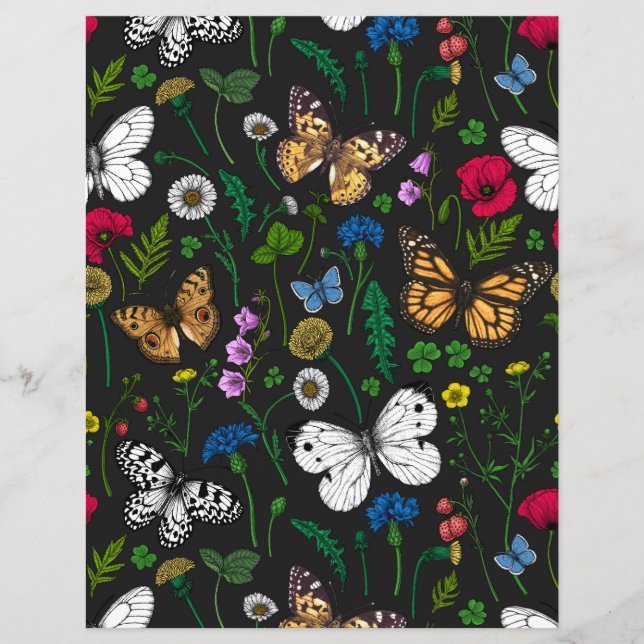 Wild flowers and butterflies on black (Front)
