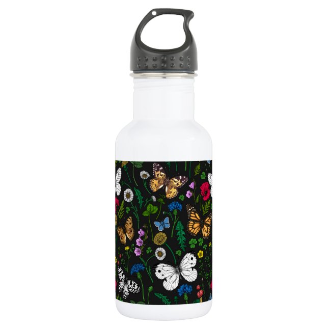 Wild flowers and butterflies on black 532 ml water bottle (Front)