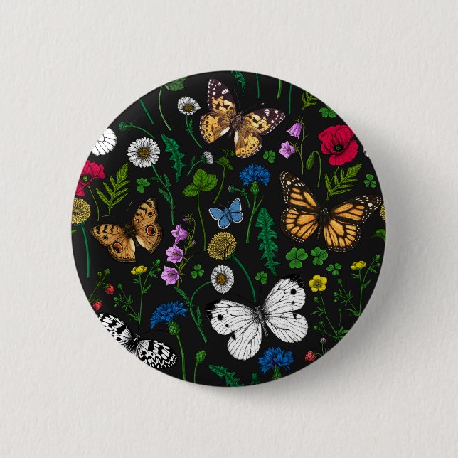 Wild flowers and butterflies on black 6 cm round badge (Front)