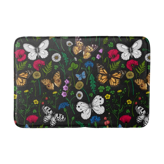 Wild flowers and butterflies on black bath mat (Front)