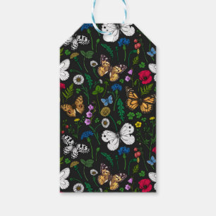 Wild flowers and butterflies on black gift tags