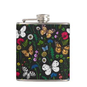 Wild flowers and butterflies on black hip flask