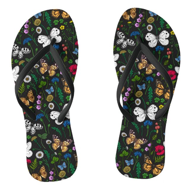 Wild flowers and butterflies on black jandals (Footbed)