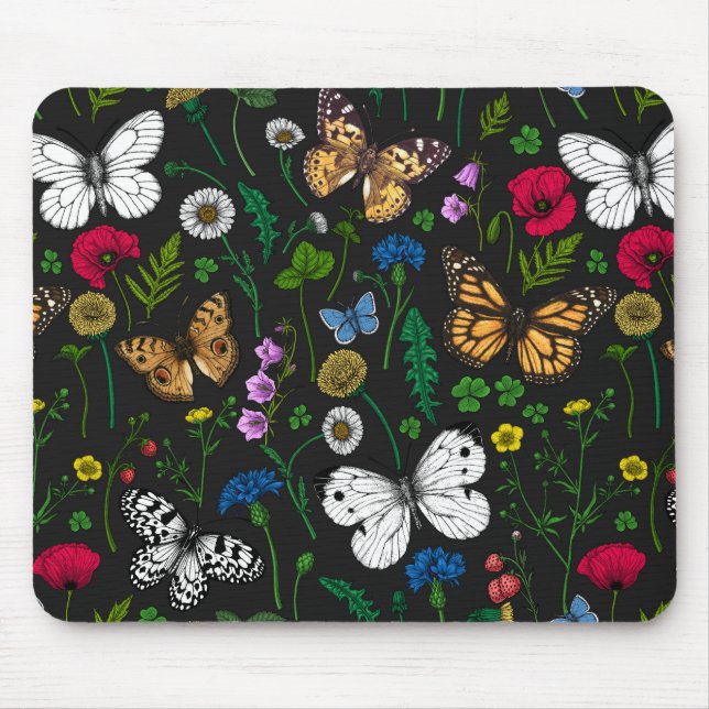 Wild flowers and butterflies on black mouse pad (Front)