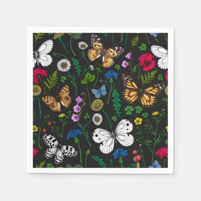 Wild flowers and butterflies on black napkin (Front)