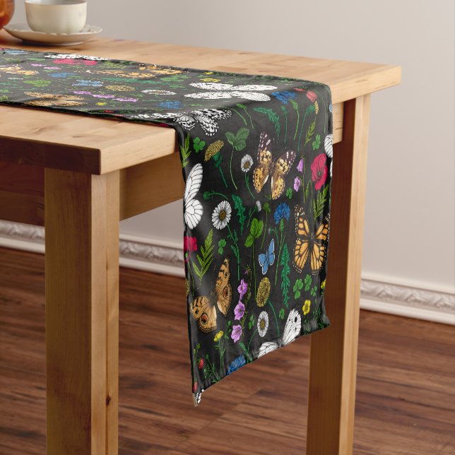 Wild flowers and butterflies on black short table runner (In Situ)