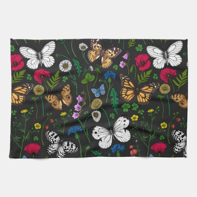 Wild flowers and butterflies on black tea towel (Horizontal)