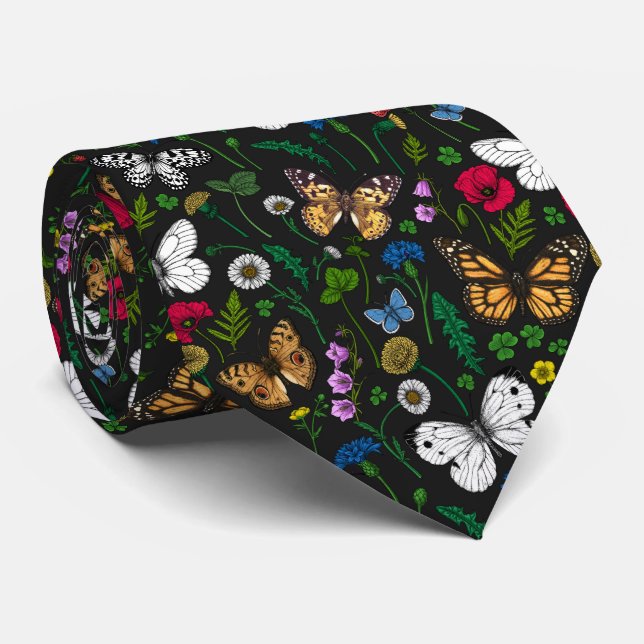 Wild flowers and butterflies on black tie (Rolled)