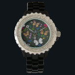 Wild flowers and butterflies on black watch<br><div class="desc">Hand-painted collection of various butterflies and wild flowers.</div>
