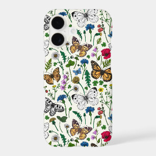 Wild flowers and butterflies on white