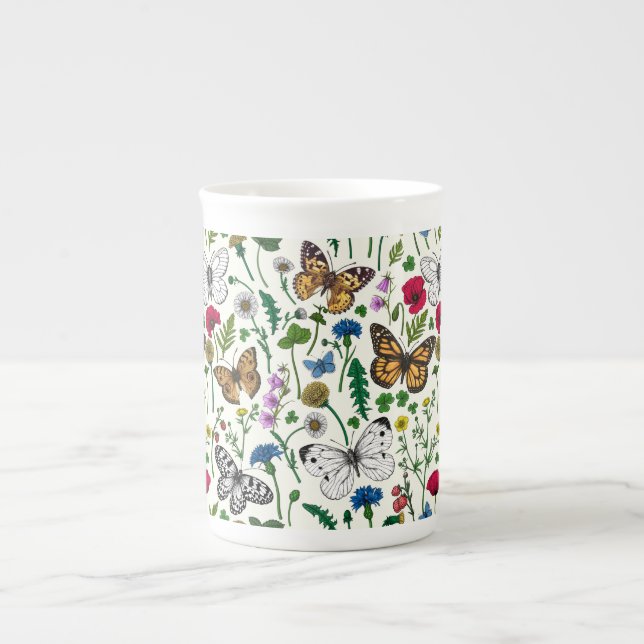Wild flowers and butterflies on white bone china mug (Front)