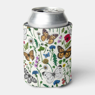 Wild flowers and butterflies on white can cooler