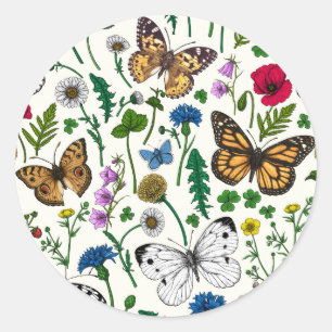 Wild flowers and butterflies on white classic round sticker