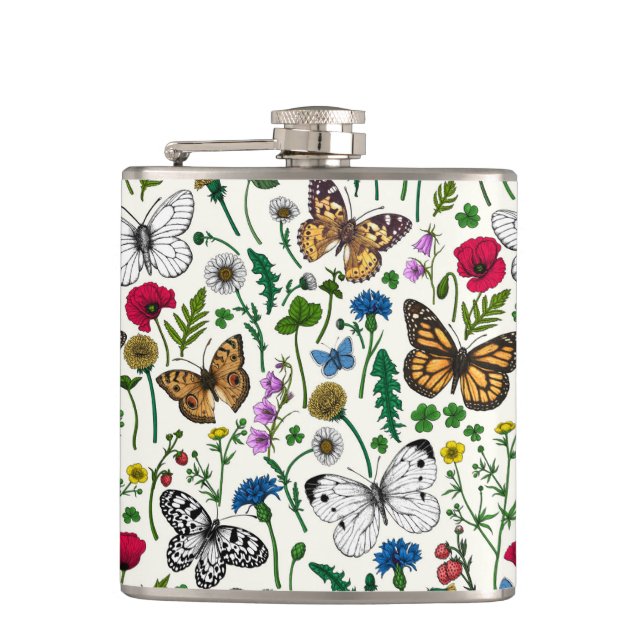 Wild flowers and butterflies on white hip flask (Front)