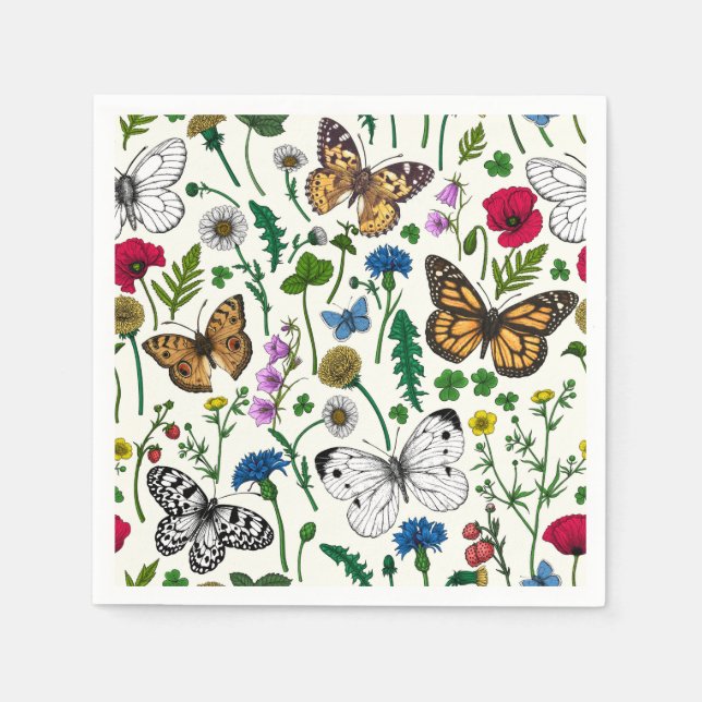 Wild flowers and butterflies on white napkin (Front)