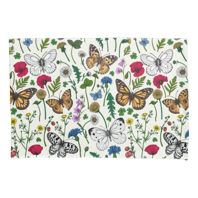 Wild flowers and butterflies on white pillowcase (Front-Left)