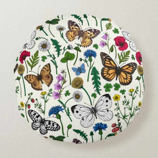 Wild flowers and butterflies on white round cushion (Front)