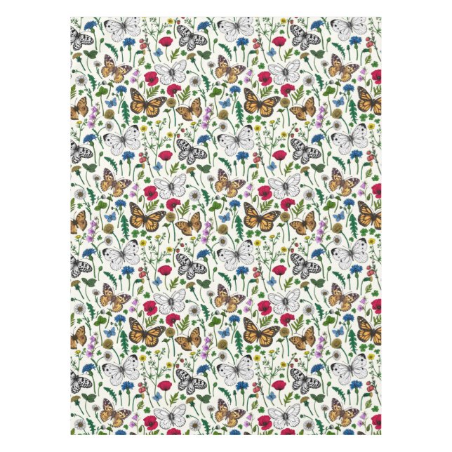 Wild flowers and butterflies on white tablecloth (Front)