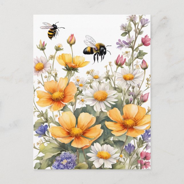 Wild Flowers and Honey Bees Watercolor Postcard (Front)