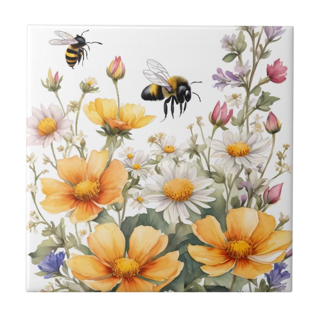 Wild Flowers and Honey Bees Watercolor Tile (Front)